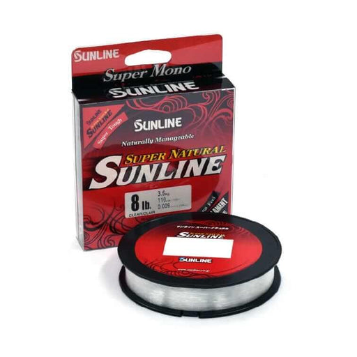 Sunline Super Natural 330yds Clear 8lb monofilament fishing line displayed in packaging.