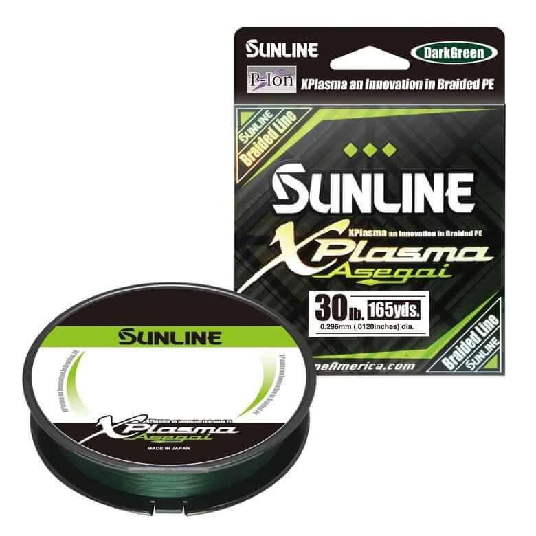 Sunline Xplasma Asegai Dark Green Line 30lb 165yds spool and packaging on display.