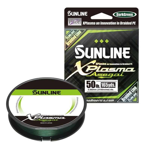 Sunline Xplasma Asegai Dark Green Line 50lb spool with packaging, waterproof and slick surface design.