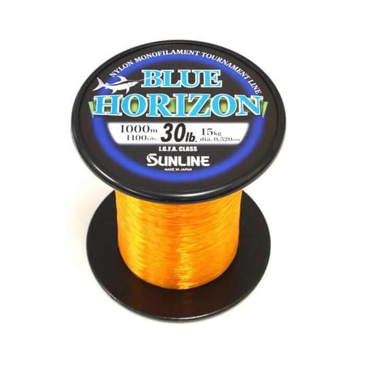 Sunline Blue Horizon 1000m IGFA 15kg fishing line spool with orange monofilament, designed for tournament use.