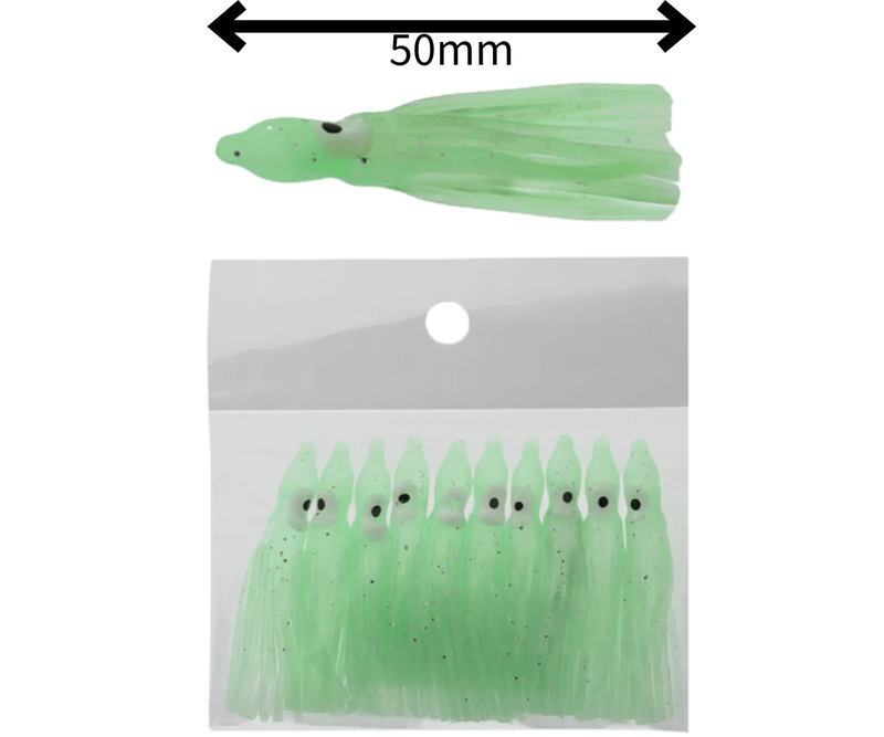 Surfcasting octopus skirt pack 50mm 10 pack, featuring realistic green octopus skirts for effective fishing.