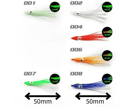 Surfcasting octopus skirt pack 50mm 10 pack showcasing various colors and designs for anglers.