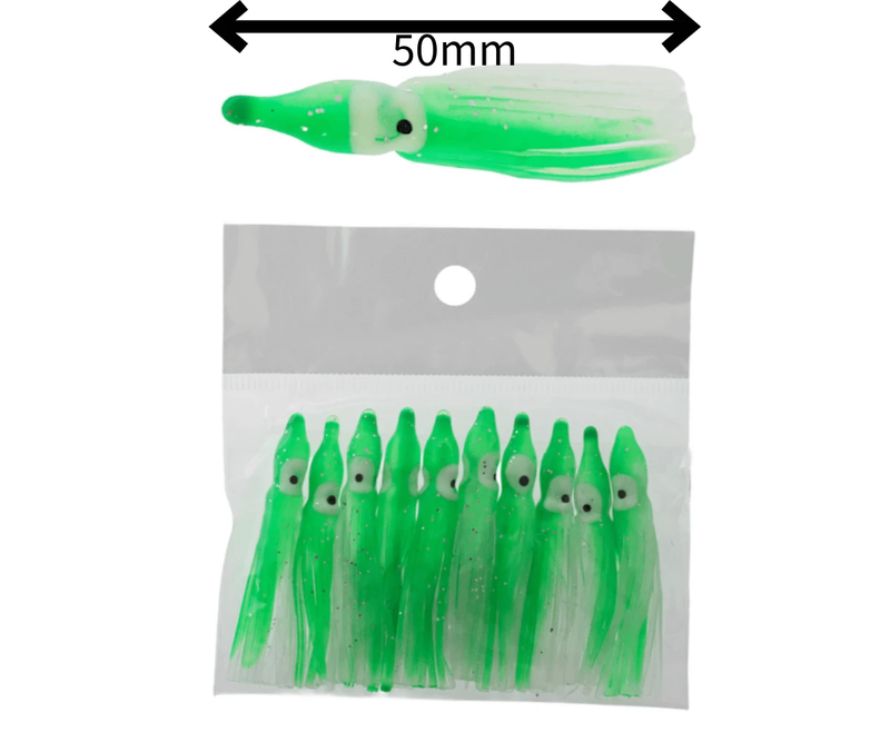 Surfcasting octopus skirt pack 50mm 10 pack featuring realistic green octopus skirts for effective fishing.