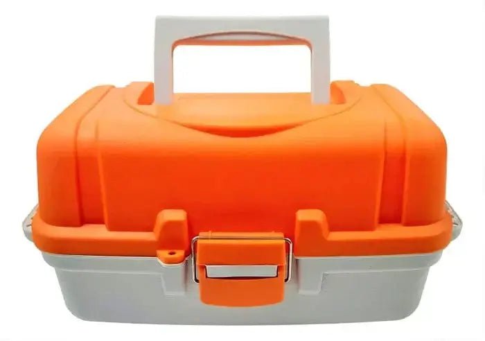Tackle Box Two Tray Deluxe with orange top and gray base, featuring a secure lock and ergonomic handle.