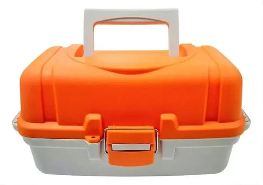 Tackle Box Two Tray Deluxe with orange top and gray base, featuring a secure lock and ergonomic handle.
