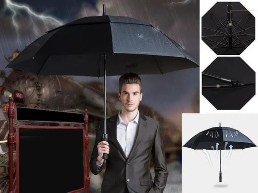 Black Double-Canopy Umbrella Windproof 150CM Large Auto-Open +Cover by dealonline.co.nz