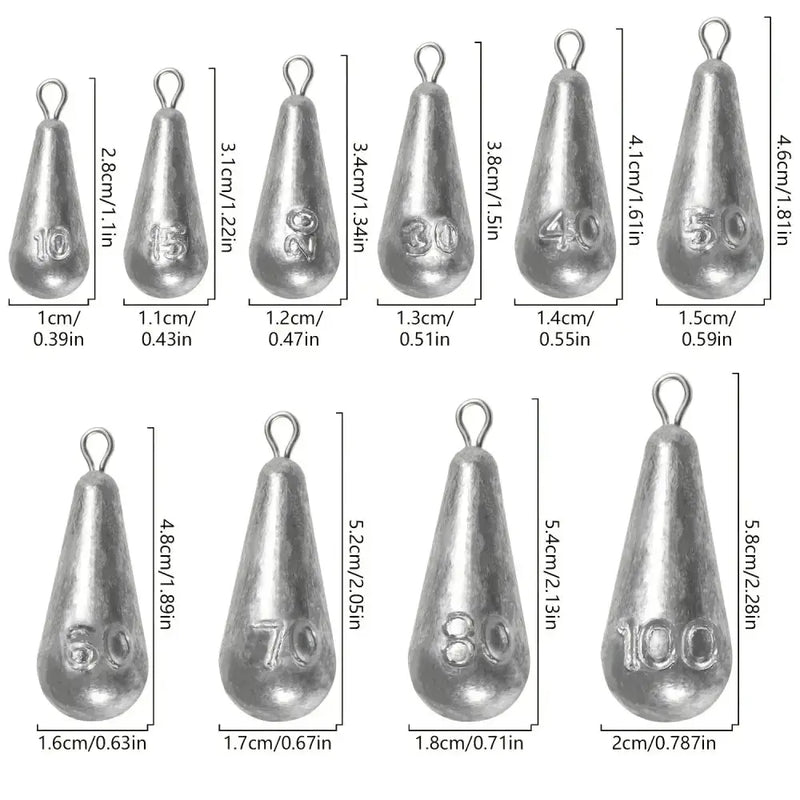 Teardrop Fishing Sinkers – Lead Weights for Bass (10 Sizes) by Habicare