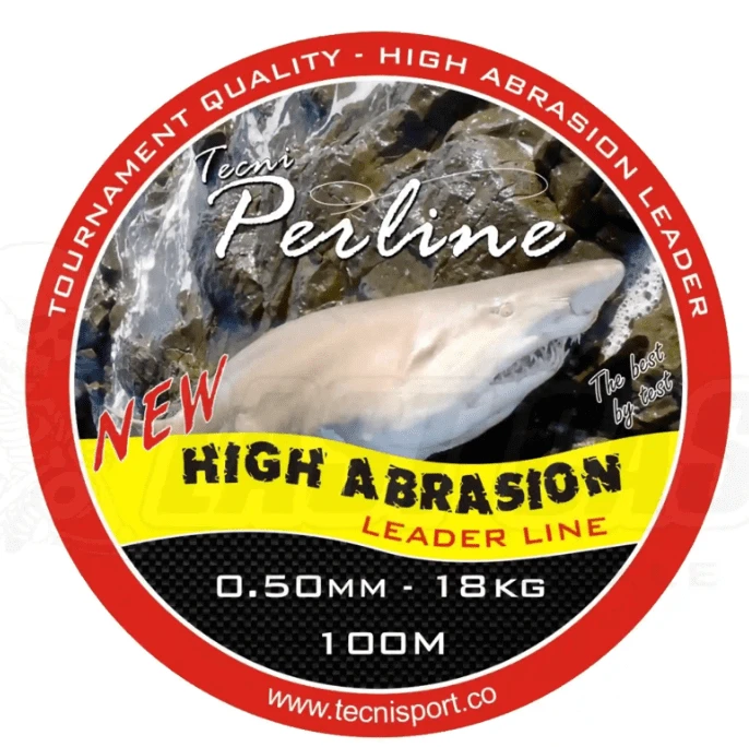 Tecni-Sport Perline High Abrasion Trace Green 18kg product label with shark image and specifications