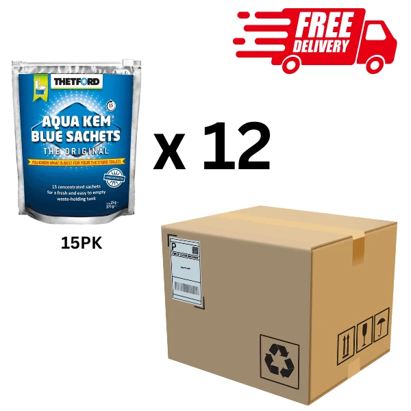 Thetford Aqua Kem Blue Sachets - 15Pk- Box of 12 with free delivery sign.