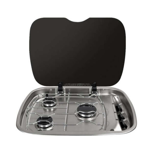 Thetford Argent 3 Burner Gas Hob RVA700 with stainless steel surface and lid open for cooking.