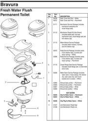 Assembly diagram for Thetford Bravura High Permanent Toilet, showing components and parts for installation.