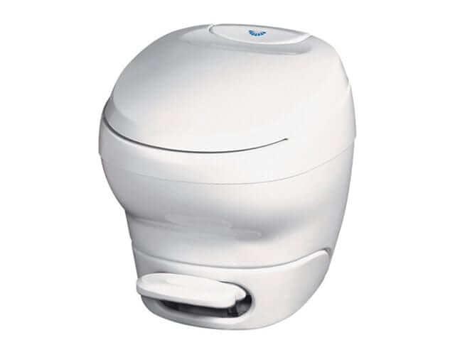 Thetford Bravura High Permanent Toilet featuring a compact design and foot pedal flush system.
