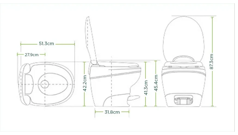 Thetford Bravura High Permanent Toilet dimensions diagram showcasing compact design and specifications.