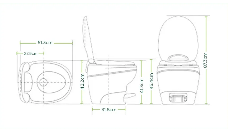 Dimensions diagram of Thetford Bravura High Permanent Toilet showing side, front, and back views with measurements.