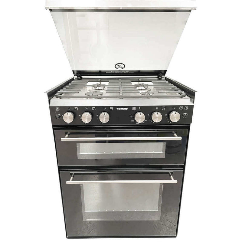 Spinflo K1500 Oven Grill Combo - In Store with 4 gas burners, two ovens, and hinged lid for optimal cooking.