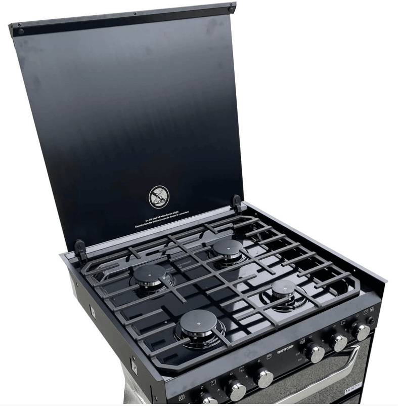 Spinflo Mirror Finish K1500 Oven with Grill showing open lid and four gas burners from Thetford.