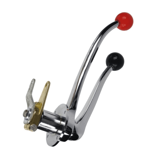 Throttle & Shift Control Levers Chrome Plated with red and black knobs, showcasing the chrome finish and detailed design.