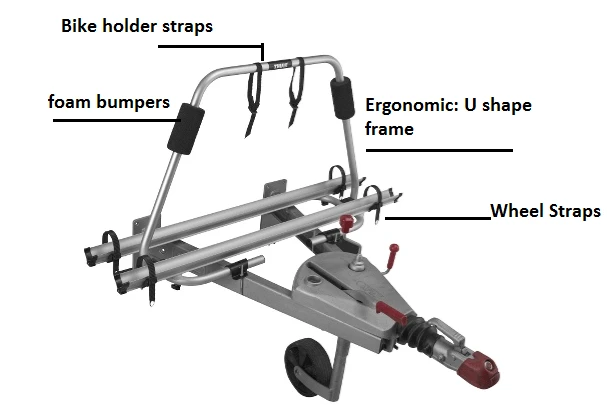 Thule A Frame Caravan Light Bike Rack features bike holder straps, foam bumpers, and an ergonomic U shape frame.