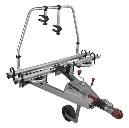 Thule Caravan Smart Bike Carrier for A-Frames, fully tilt-able for easy front locker access.