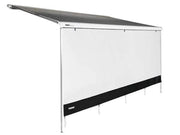 Thule Front Sunblocker 3.8m Long installed on a Thule awning, providing shade and privacy.