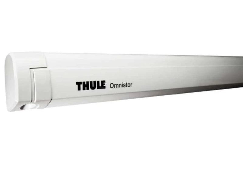 5200 Thule/Omnistor Wall Awning Blue 3.5m close-up view of the awning housing in white.