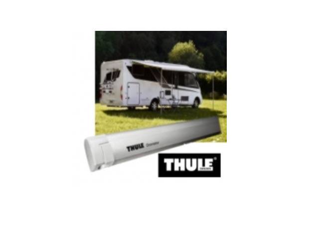 Thule 5200 Awning Mystic Grey - 3.0m mounted on a caravan in an outdoor setting.