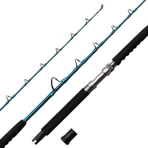 Tica Fishing Rod Magma 601 Metallic Blue PE5 Braid Rod showcasing its design and features with black EVA grip and guides.