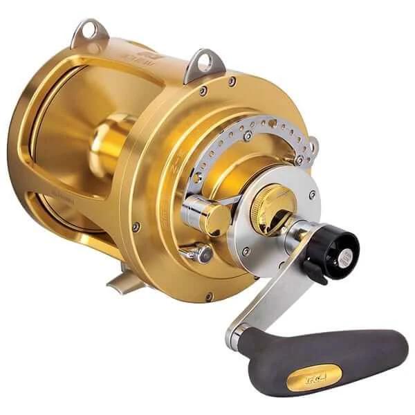 TicaTeam 80WTS 2 Speed Gold Game Reel featuring durable aluminum, dual drag plates, and a loud line out alarm.