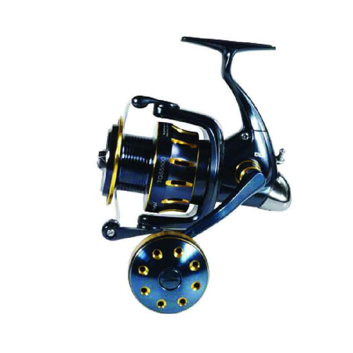 Tica Talisman TGS5500 14RRB 5.2:1 Jig/Spin Reel displayed from the side angle, showcasing the robust design.