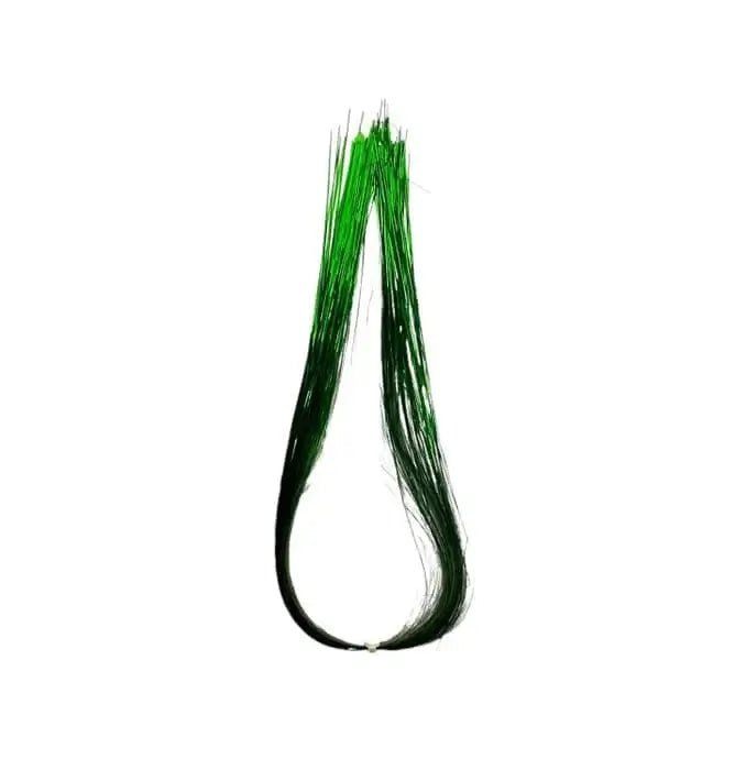 Tinsel Flash Tying Material in vibrant green strands, perfect for attracting fish in low light conditions.
