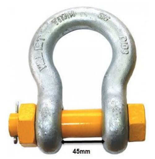 Titan Safety Shackle 8.5T with 28mm Pin and painted yellow bolt, fully compliant with AS2741 standards.
