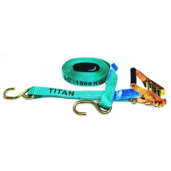 Tiedown - 1.0T Titan Green 6.5m with industrial webbing, ratchet, and hooks for heavy-duty lashing.