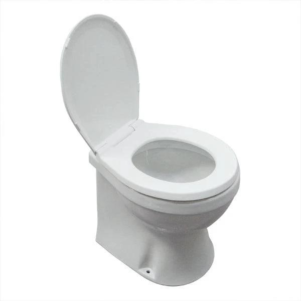 12V Superior Electric Toilet - Soft Close with open lid and sleek design for marine use.