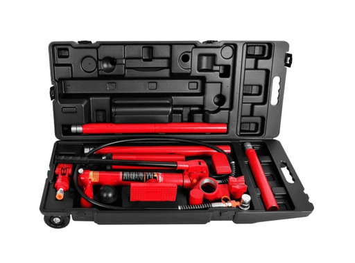 Torin - Big Red T71002L Hydraulic Portable Power Kit 10 Ton In Blow Mould Case with Wheels showing tools inside.