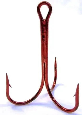 Treble Hook 12/0 Red Single with three sharp points designed for effective fishing.