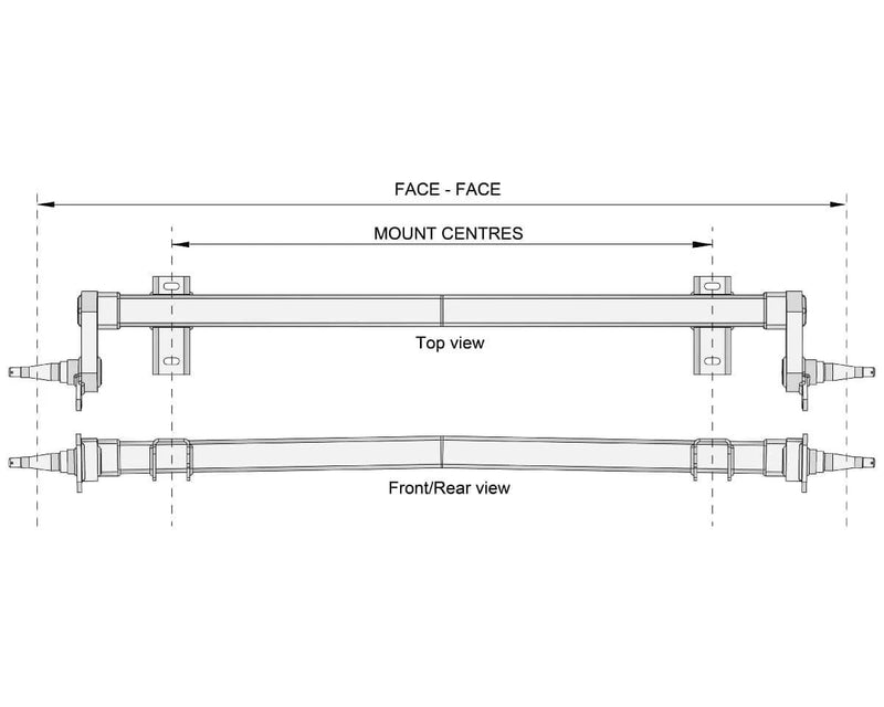Full Beam Duratorque, 1750kg, Straight Beam, Low-Rider top and front view diagram with dimensions.