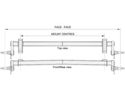Technical diagram showing top view and front/rear view of Full Beam Duratorque, 1750kg, Top Hat.
