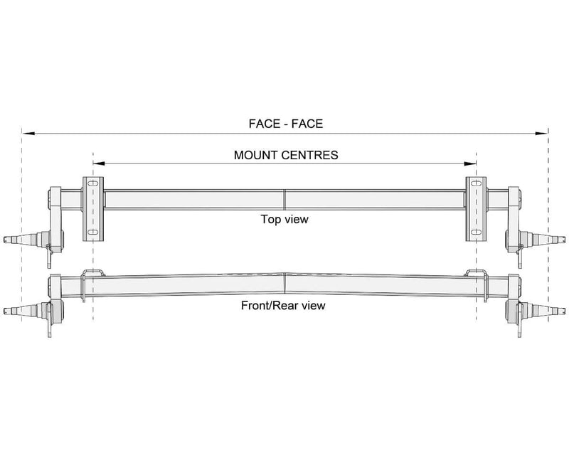 Technical diagram showing top view and front/rear view of Full Beam Duratorque, 1750kg, Top Hat.