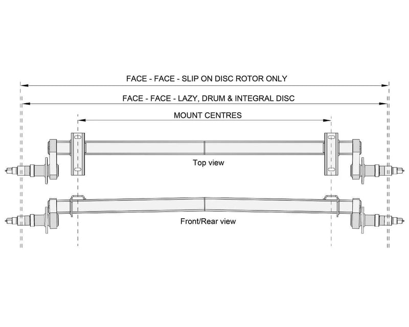 Full Beam Duratorque, 2200kg, for 12" Electric Hub technical drawing showing top and front/rear views.