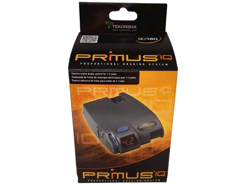 Tekonsha Primus IQ electric trailer brake controller packaging with LED display and branding.