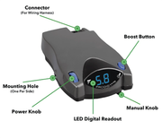 Tekonsha Prodigy P2 electric trailer brake controller with LED digital readout, boost button, and adjustable knobs.