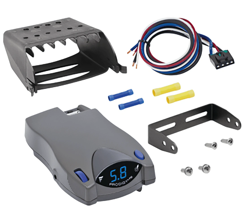 Tekonsha Prodigy P2 brake controller with wiring harness and mounting accessories for electric trailer brakes.