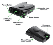 Tekonsha Prodigy P3 brake controller features including LCD screen, power button, and manual knob.