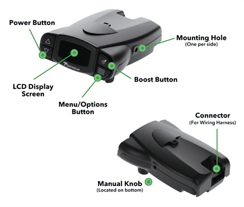 Tekonsha Prodigy P3 brake controller features including LCD screen, power button, and manual knob.