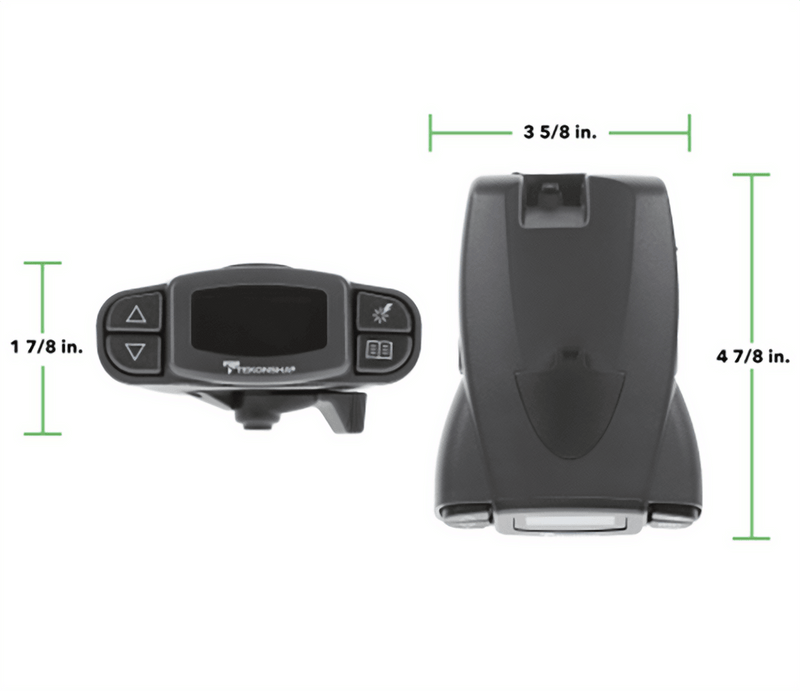 Tekonsha Prodigy P3 vehicle mounted brake controller top and side view with dimensions.