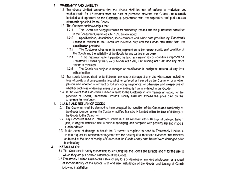 Warranty and liability terms document for goods purchased, including claims and installation responsibilities.
