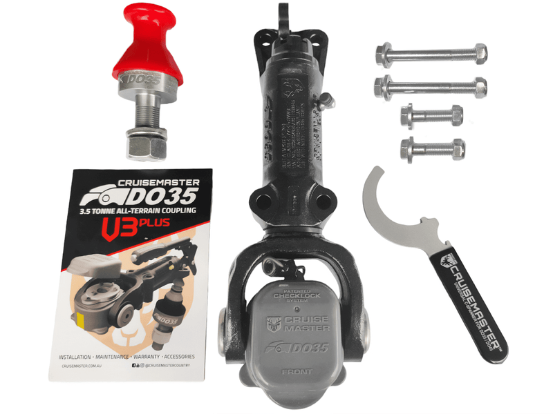 Do35 V3plus No Handbrake 1” Tow Pin with installation manual and accessories laid out.