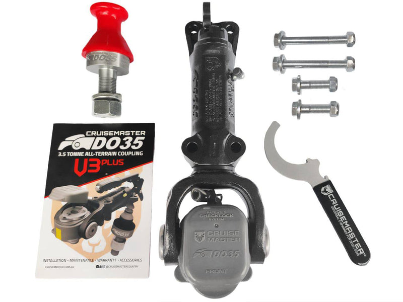 Do35 V3plus No Handbrake 7/8 “ Tow Pin components, including cover, user guide, and tools for installation.