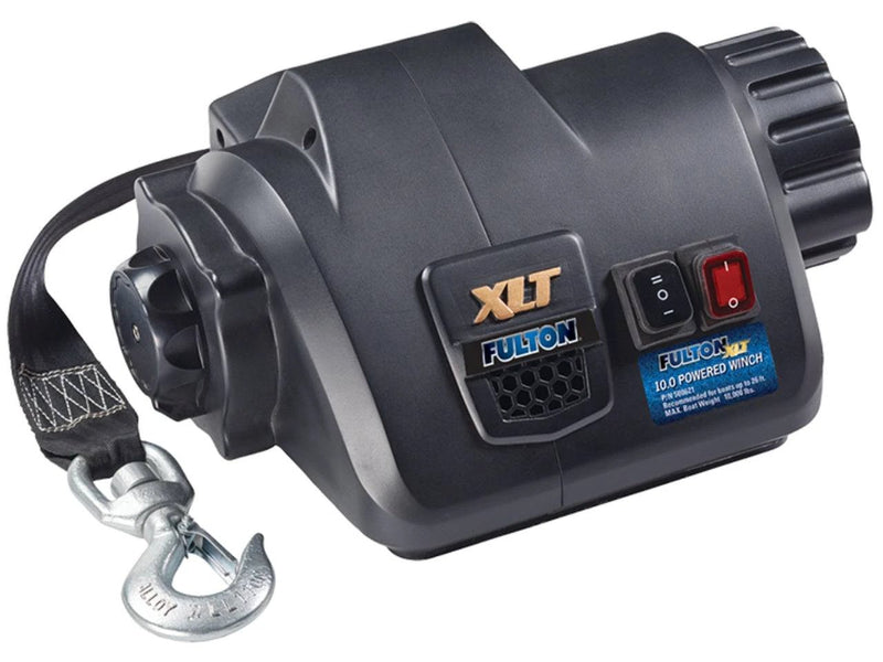 Fulton Xlt 10k Lbs Electric Winch with rugged strap and swiveling hook for efficient boat loading.