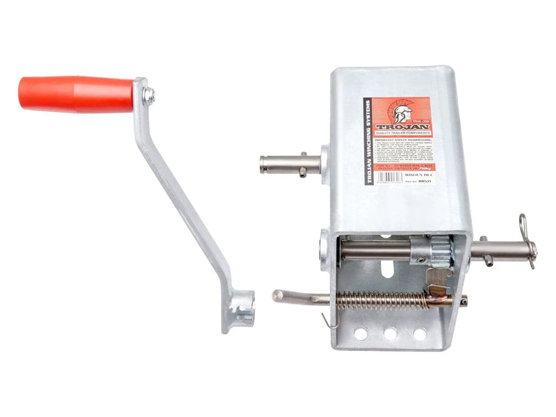 5:1 & 1:1 Manual Trailer Winch showcasing Trojan winch design with durable handle and high-quality materials.